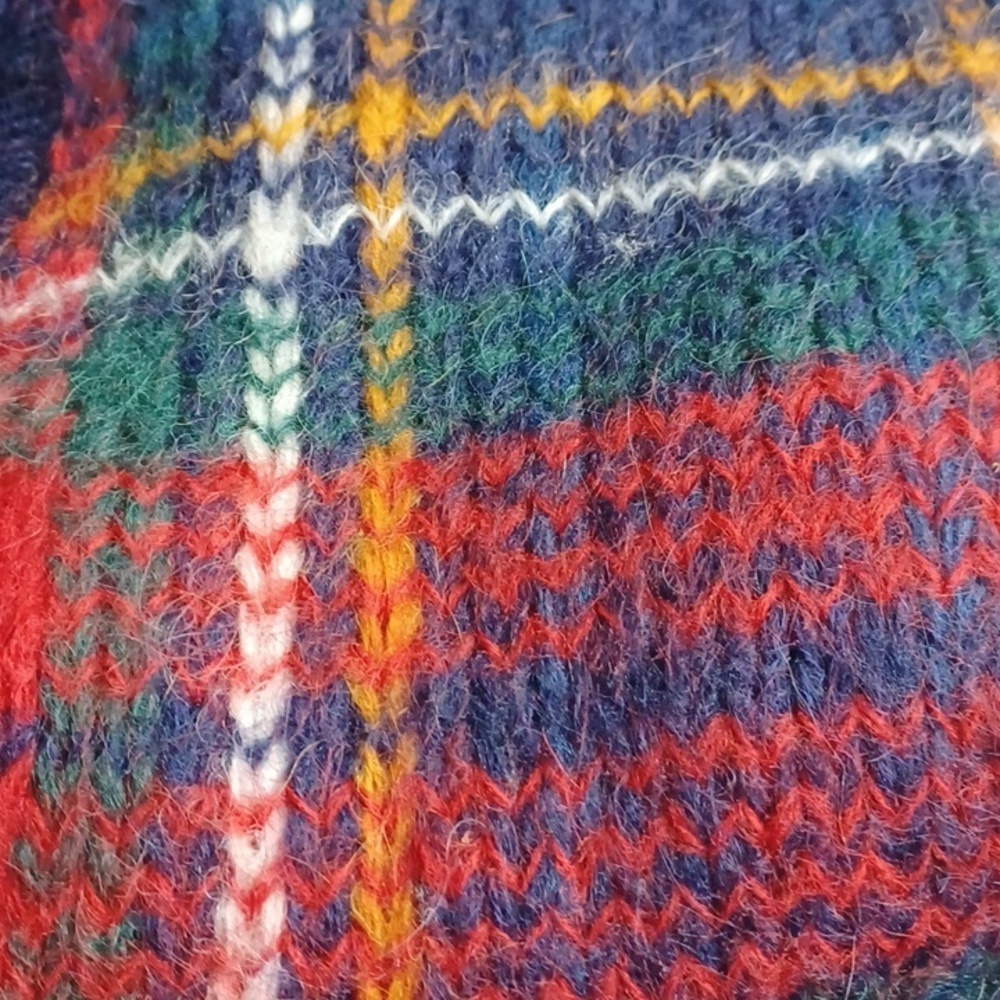 Vintage Cape Isle Plaid Mohair Blend Knit Cardigan - Navy / Red green, 24”PTP - Picture 6 of 8